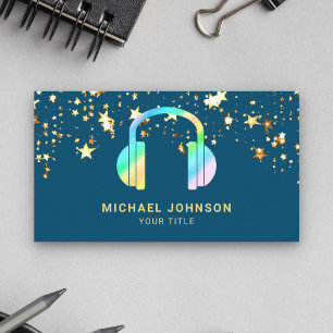 Gold Confetti Blue Rainbow Headphones Music DJ Business Card