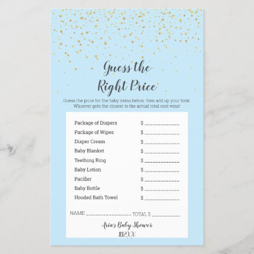 Gold Confetti Blue Shower GuessThe Right Price Flyer