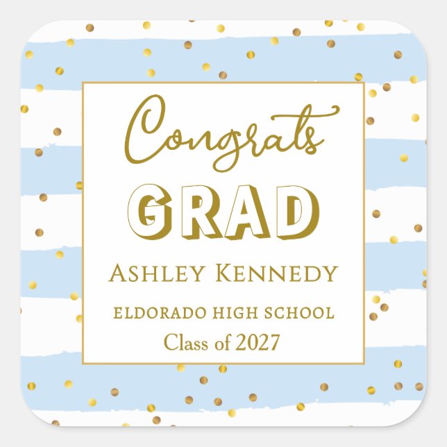 Gold Confetti Blue Stripes Graduation Square  Square Sticker (Front)