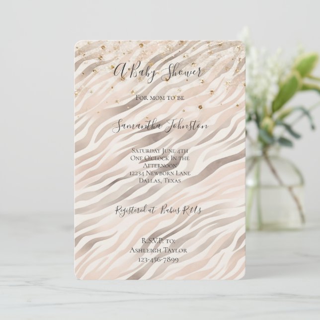 Gold Confetti Blush Pink Zebra Baby Shower Invitation (Standing Front)