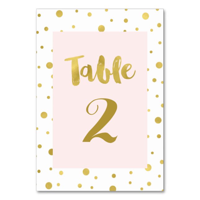 Gold Confetti Blush Wedding Table Number Cards (Front)