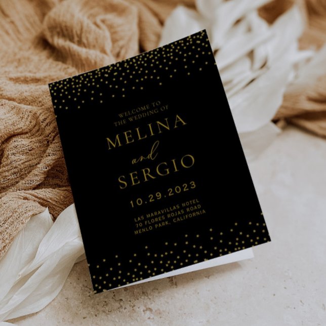 Gold Confetti Boho Black Folded Wedding  Program (Creator Uploaded)