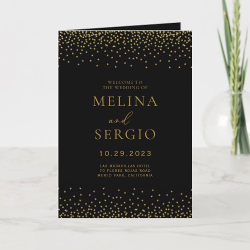 Gold Confetti Boho Black Folded Wedding  Program