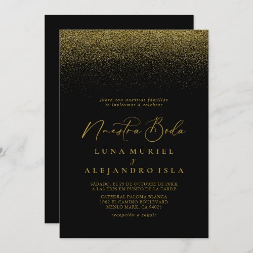 Gold Confetti Boho Black Nuestra Boda Wedding Invitation