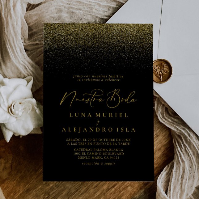 Gold Confetti Boho Black Nuestra Boda Wedding Invitation (Creator Uploaded)