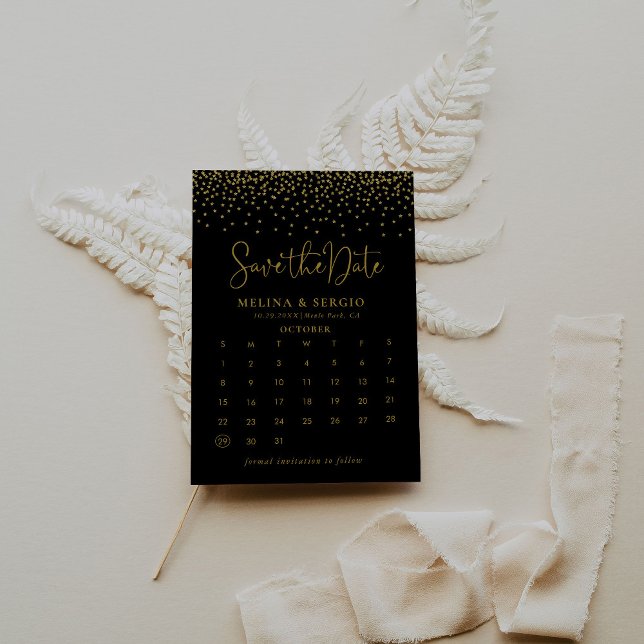 Gold Confetti Boho Black Save the Date Calendar (Creator Uploaded)