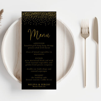 Gold Confetti Boho Black Wedding Menu