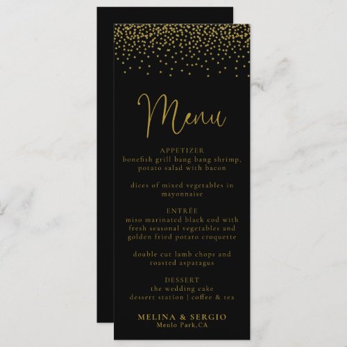 Gold Confetti Boho Black Wedding Menu