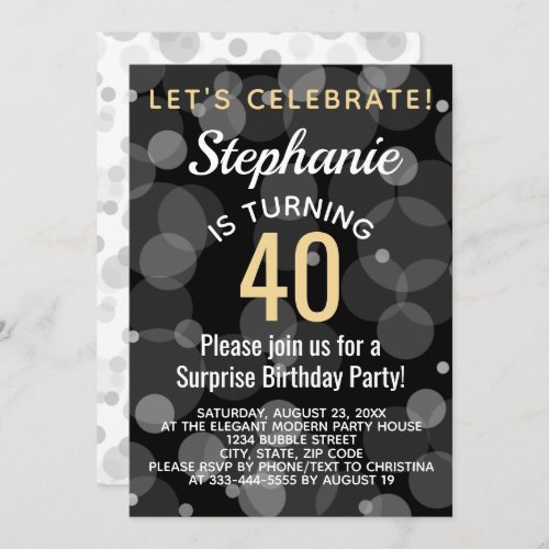 Gold Confetti Bokeh Bubbles 40th Birthday Party Invitation