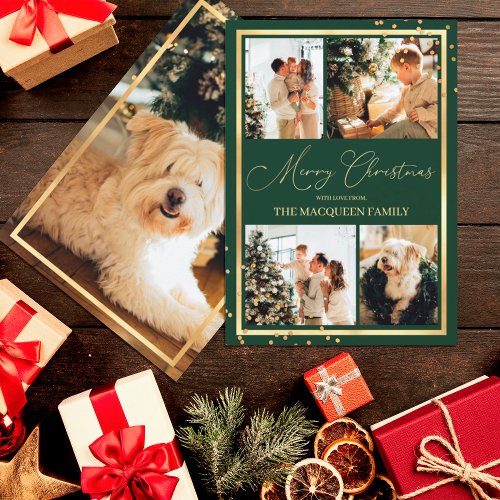 Gold Confetti Border Green Photo Collage Christmas Holiday Card