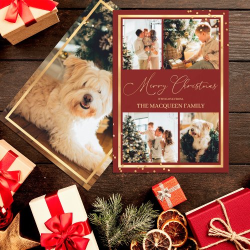 Gold Confetti Border Red Photo Collage Christmas Holiday Card