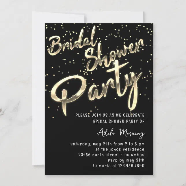 Gold Confetti Bridal Shower Script Black White Invitation Zazzle