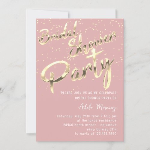 Gold Confetti  Bridal Shower Script Pink Rose Invitation