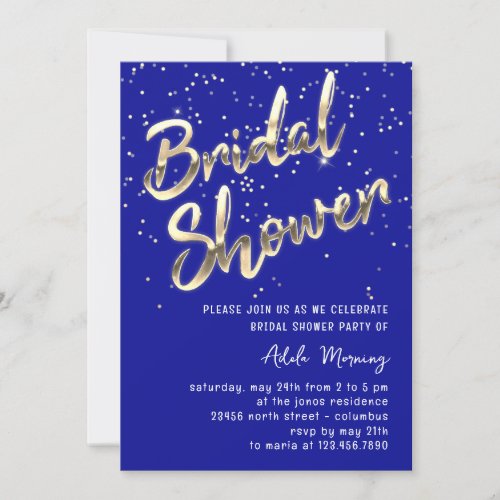 Gold Confetti Bridal Shower Script Royal Blue Invitation