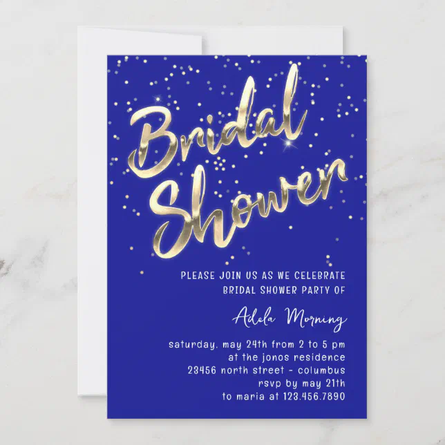 Gold Confetti Bridal Shower Script Royal Blue Invitation Zazzle