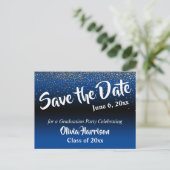 Gold Confetti Bright Blue Graduation Save the Date Postcard (Standing Front)