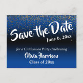 Gold Confetti Bright Blue Graduation Save the Date Postcard (Front)