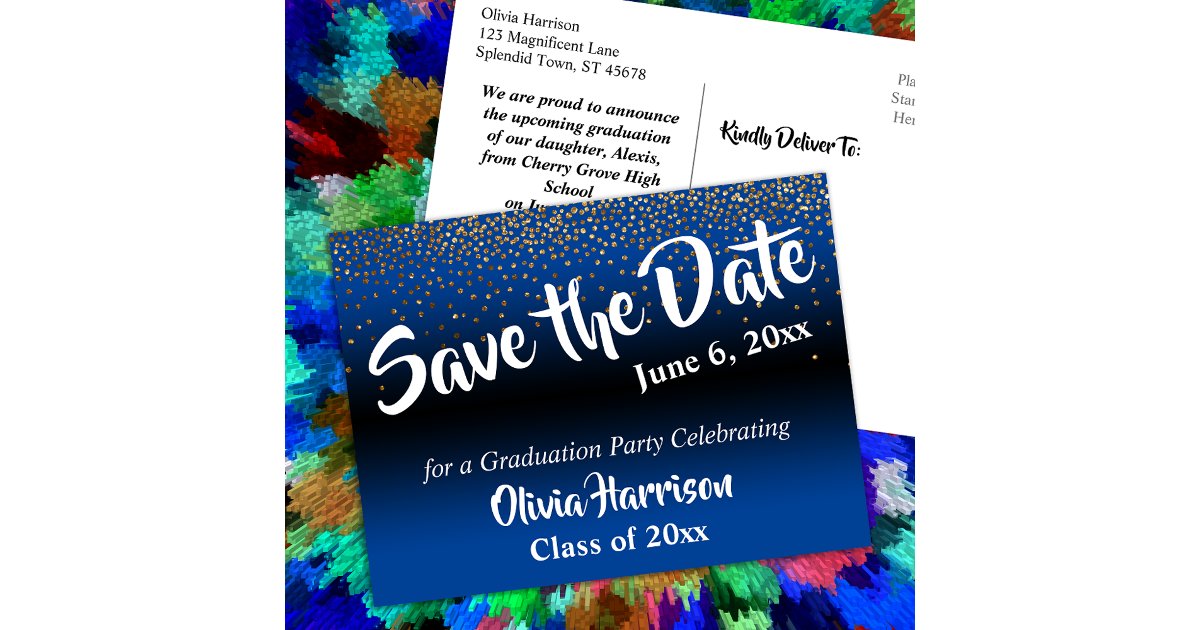 Gold Confetti Bright Blue Graduation Save the Date Postcard | Zazzle