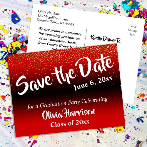 Gold Confetti Bright Red Graduation Save the Date Postcard