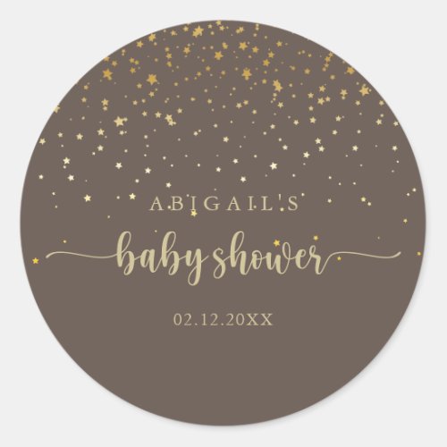 Gold Confetti Brown Calligraphy Baby Shower Favor  Classic Round Sticker