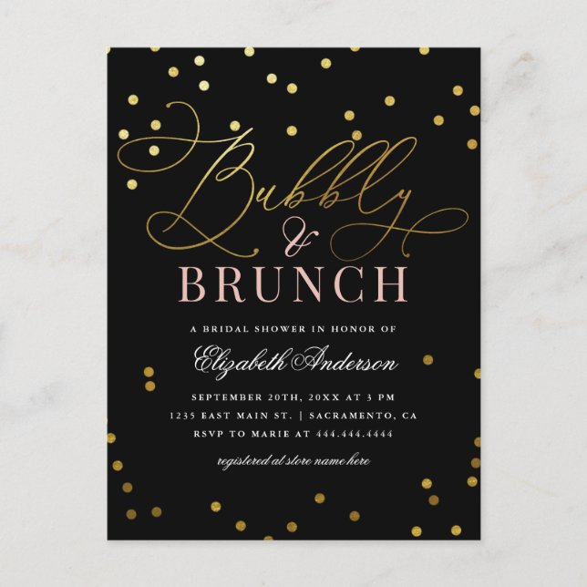 Gold Confetti Bubbly & Brunch Bridal Shower Invitation Postcard (Front)
