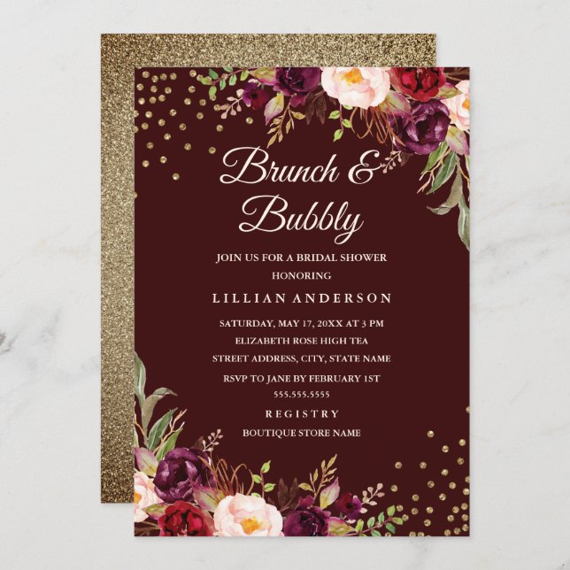 Gold Confetti Burgundy Floral Brunch and Bubbly Invitation (Front/Back)