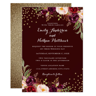 60 Off Burgundy Wedding Invitations Now To Save Zazzle Gold Confetti Burgundy Fl Wedding Invitation