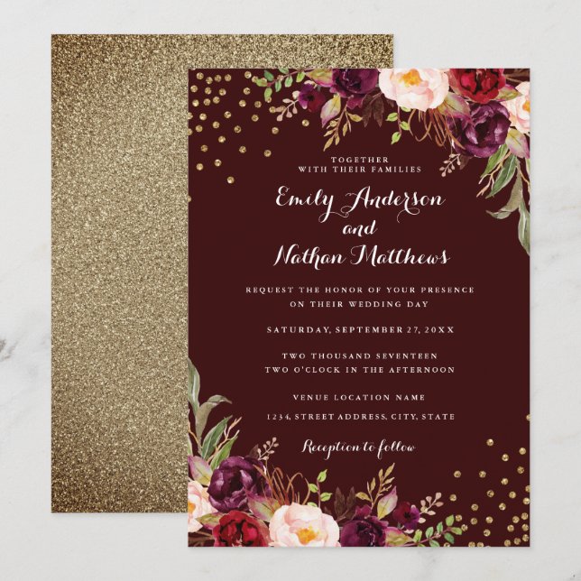 Gold Confetti Burgundy Floral Wedding Invitation (Front/Back)