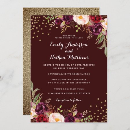 Gold Confetti Burgundy Floral Wedding Invitation