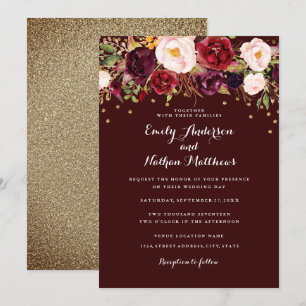 Gold Confetti Burgundy Floral Wedding Invitation