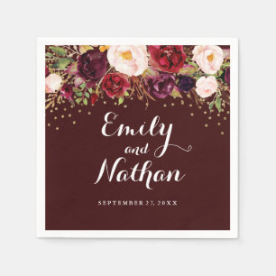 Gold Confetti Burgundy Floral Wedding Napkin