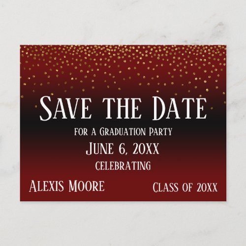 Gold Confetti Burgundy Graduation Save the Date Postcard