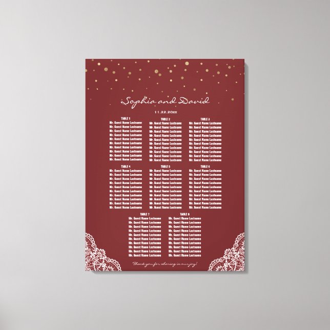 Gold Confetti Burgundy Lace Wedding Seating Chart Canvas Print (Front)