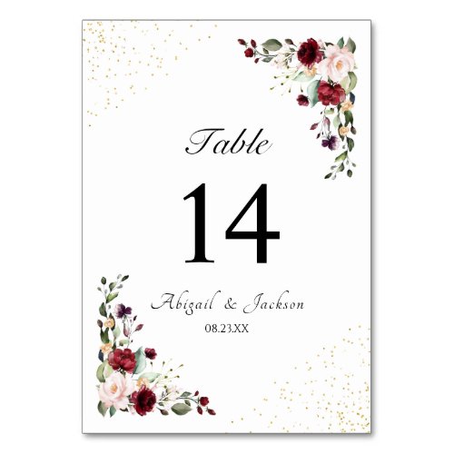 Gold Confetti Burgundy Wedding Reception Seating Table Number