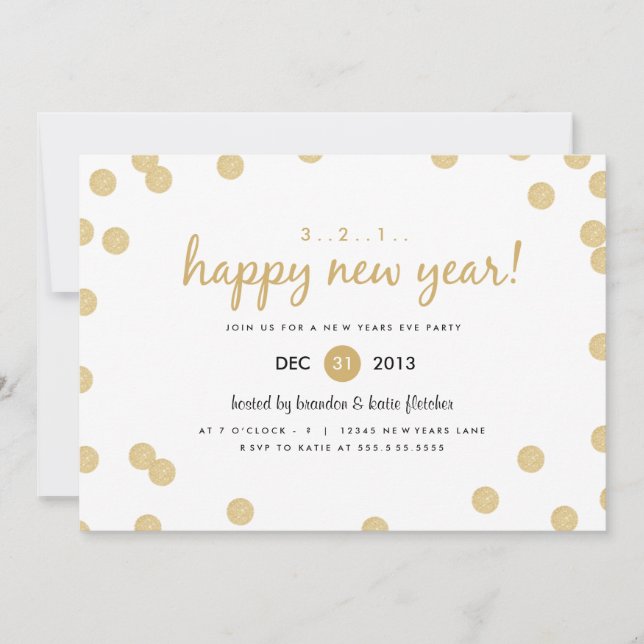 Gold Confetti by Origami Prints New Years Invite (Front)