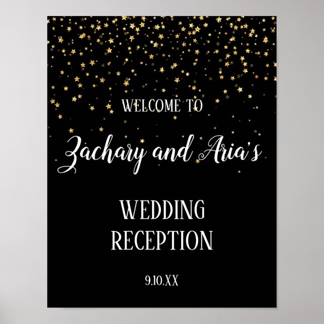 Gold Confetti Calligraphy|Black Reception Welcome Poster (Front)