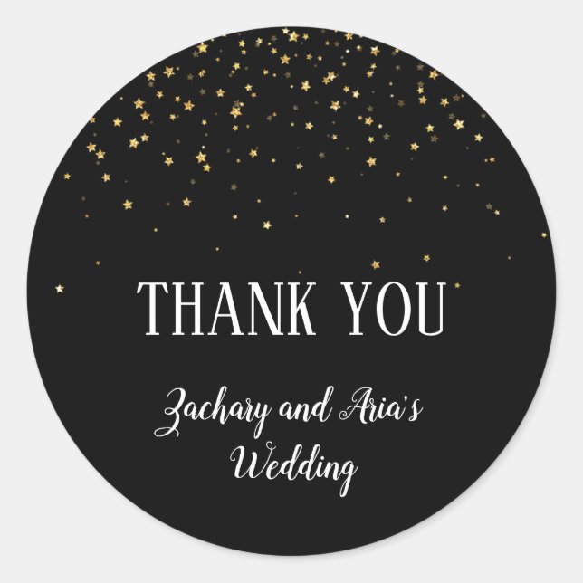 Gold Confetti Calligraphy|Black Thank You Favor Classic Round Sticker (Front)