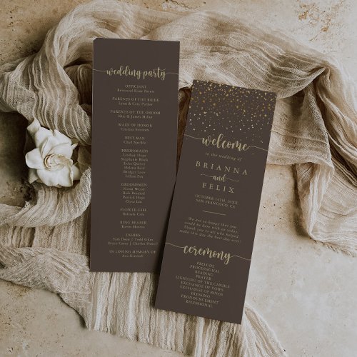 Gold Confetti Calligraphy Brown Wedding  Program