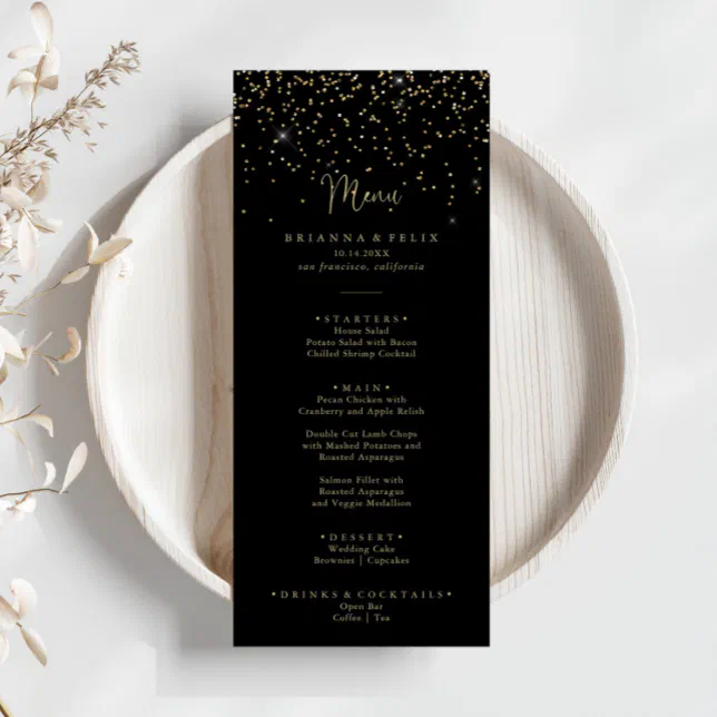 Gold Confetti Calligraphy Fancy Script Dinner Menu | Zazzle