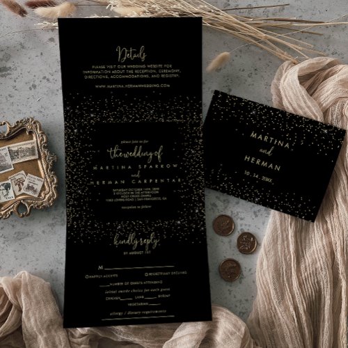 Gold Confetti Calligraphy Fancy Script Wedding  Tri_Fold Invitation