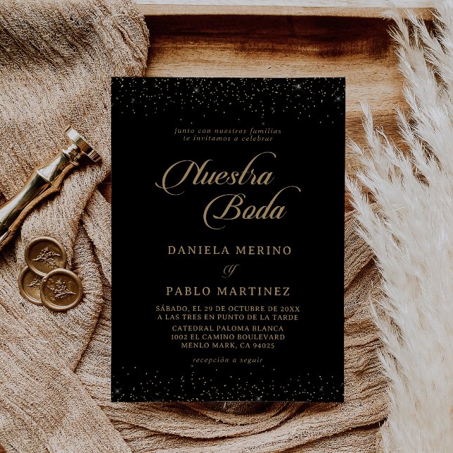 Gold Confetti Calligraphy Nuestra Boda Wedding Invitation (Creator Uploaded)