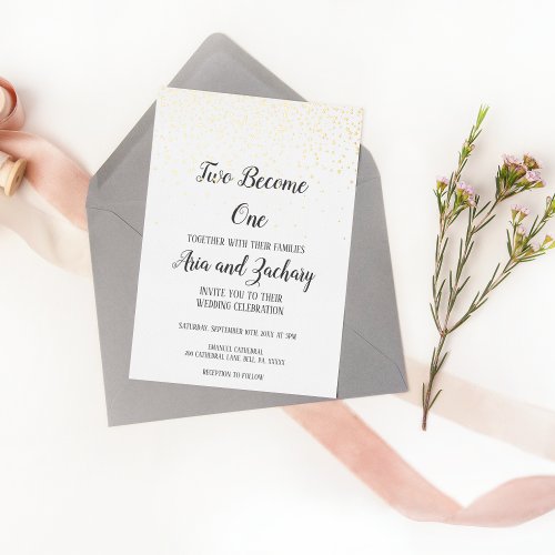 Gold Confetti Calligraphy Two Become One Wedding  Foil Invitation
