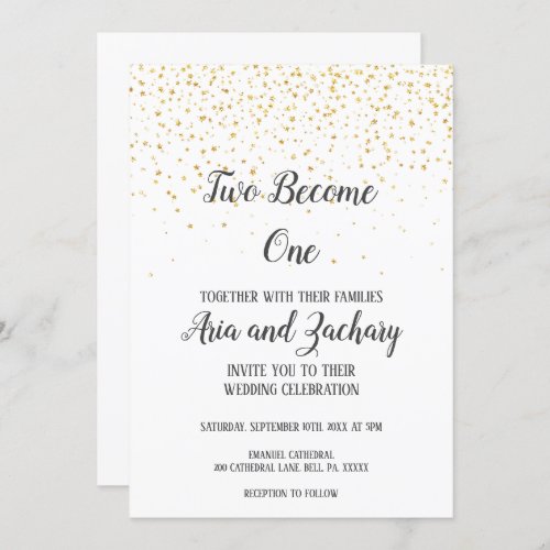 Gold Confetti Calligraphy Two Become One Wedding  Invitation
