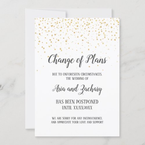 Gold Confetti Calligraphy Wedding Change of Plans Invitation