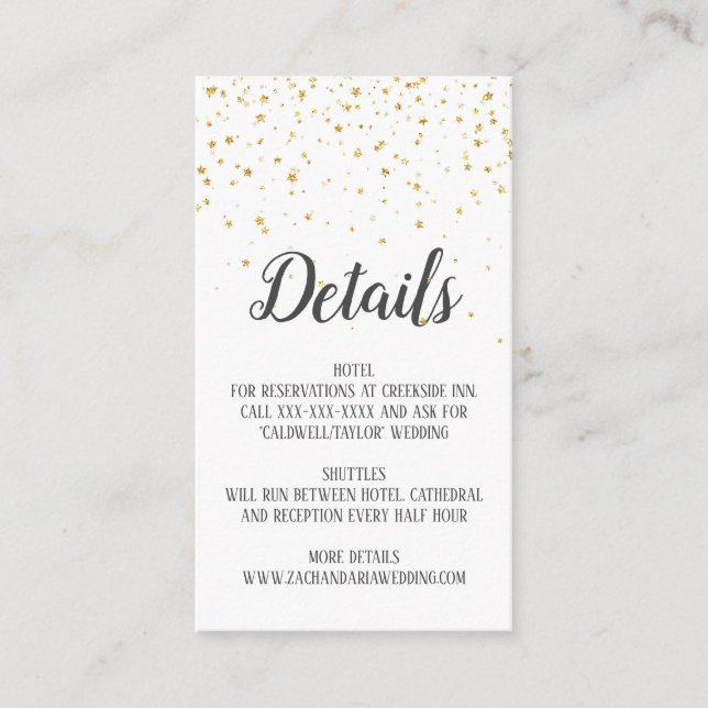 Gold Confetti Calligraphy Wedding Details Card (Front)