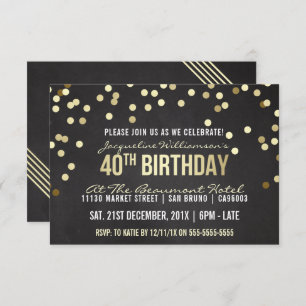 Gold Confetti Chalkboard Woman's 40th Birthday Invitation