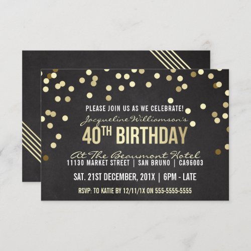 Gold Confetti Chalkboard Womans 40th Birthday Invitation