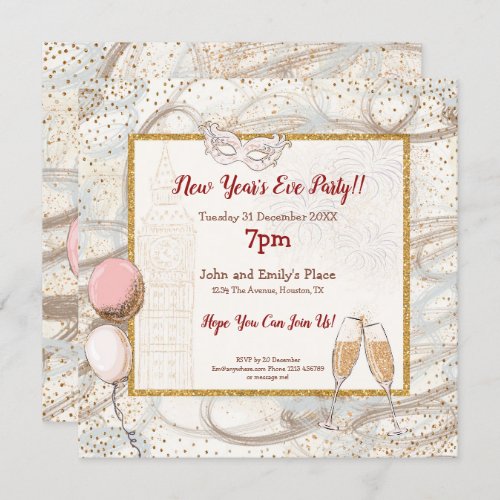 Gold Confetti Champagne Glam New Year Party Invitation