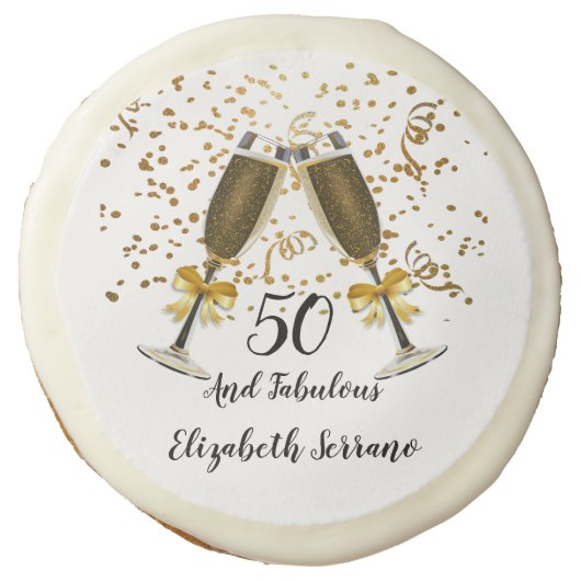 Gold Confetti Champagne Glasses 50 Fabulous Sugar Cookie (Front)