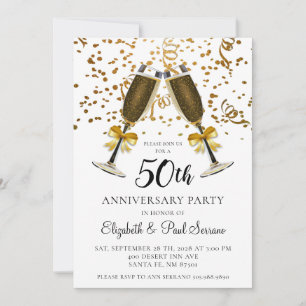 Gold Confetti Champagne Glasses 50th Anniversary Invitation